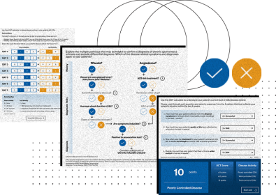 Images of CSU diagnostic algorithm tools, including UCT and UAS7 patient-reported outcome calculator tools, against a grey background of geometric shapes.